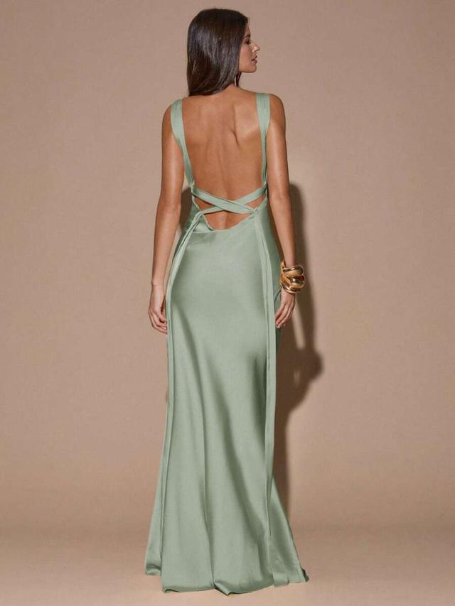 sage green satin backless maxi dress