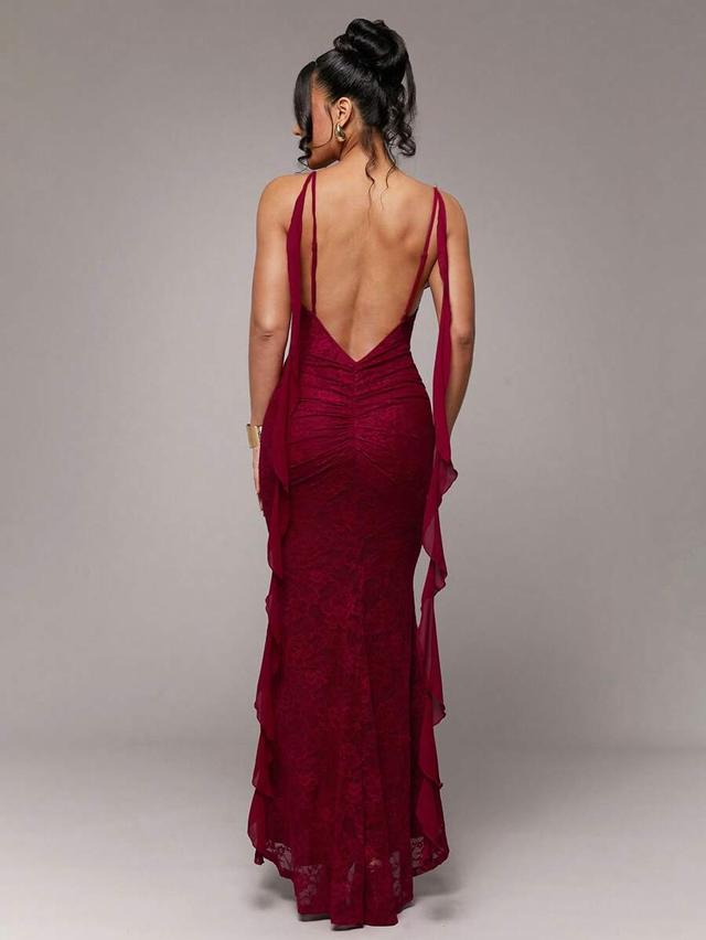 burgundy floral lace sleeveless ruffle hem maxi dress