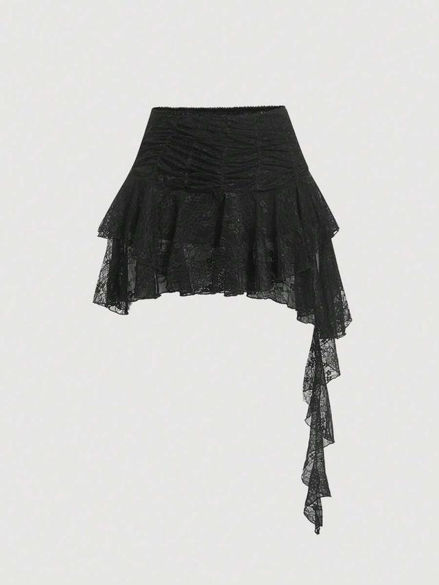 ruffled asymmetric black lace low waist skirt