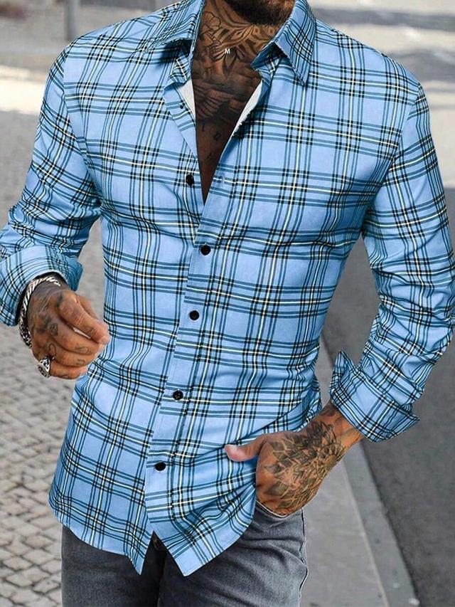 men's blue checkered plaid long sleeve casual shirt