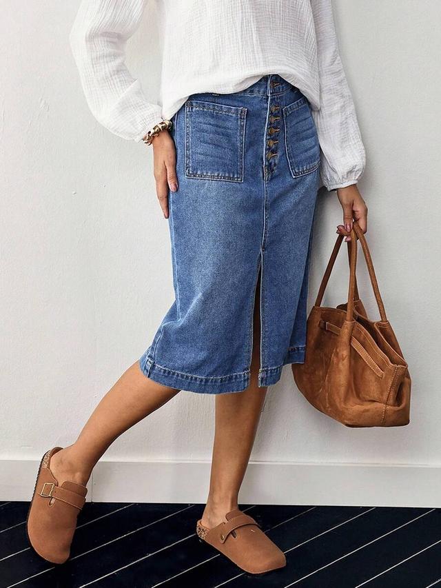 denim midi skirt with front button closure