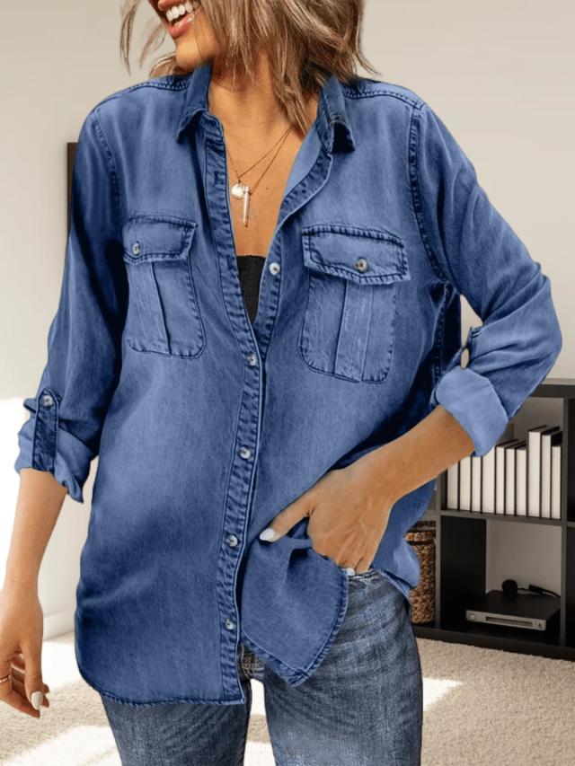womens button down denim shirt long sleeve