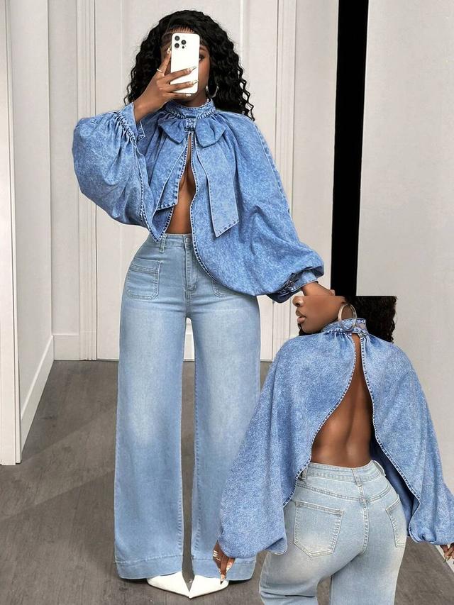 acid wash denim bow detail backless top