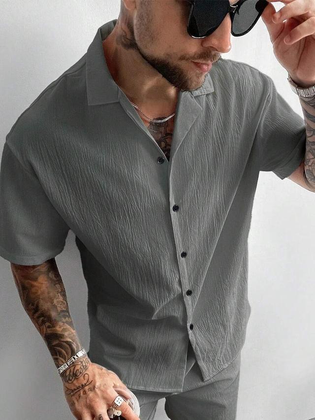 grey linen cuban collar short sleeve shirt