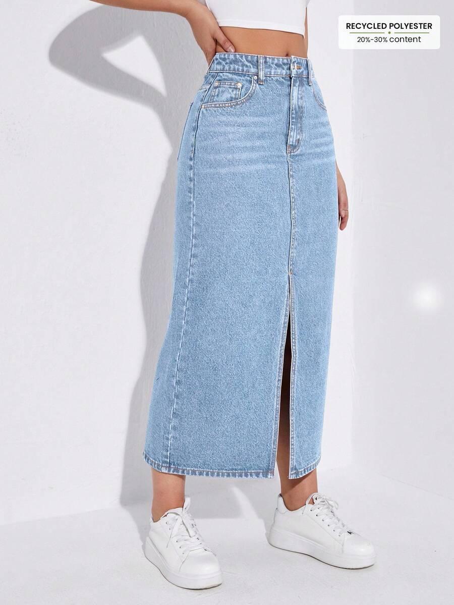 light wash denim midi skirt with front slit