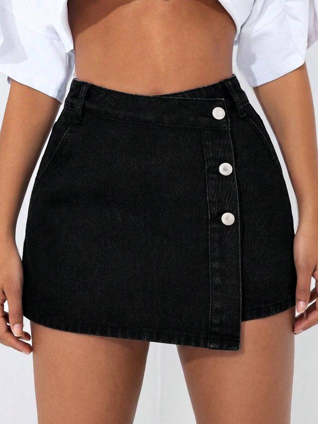 black denim asymmetric hem button detail skort