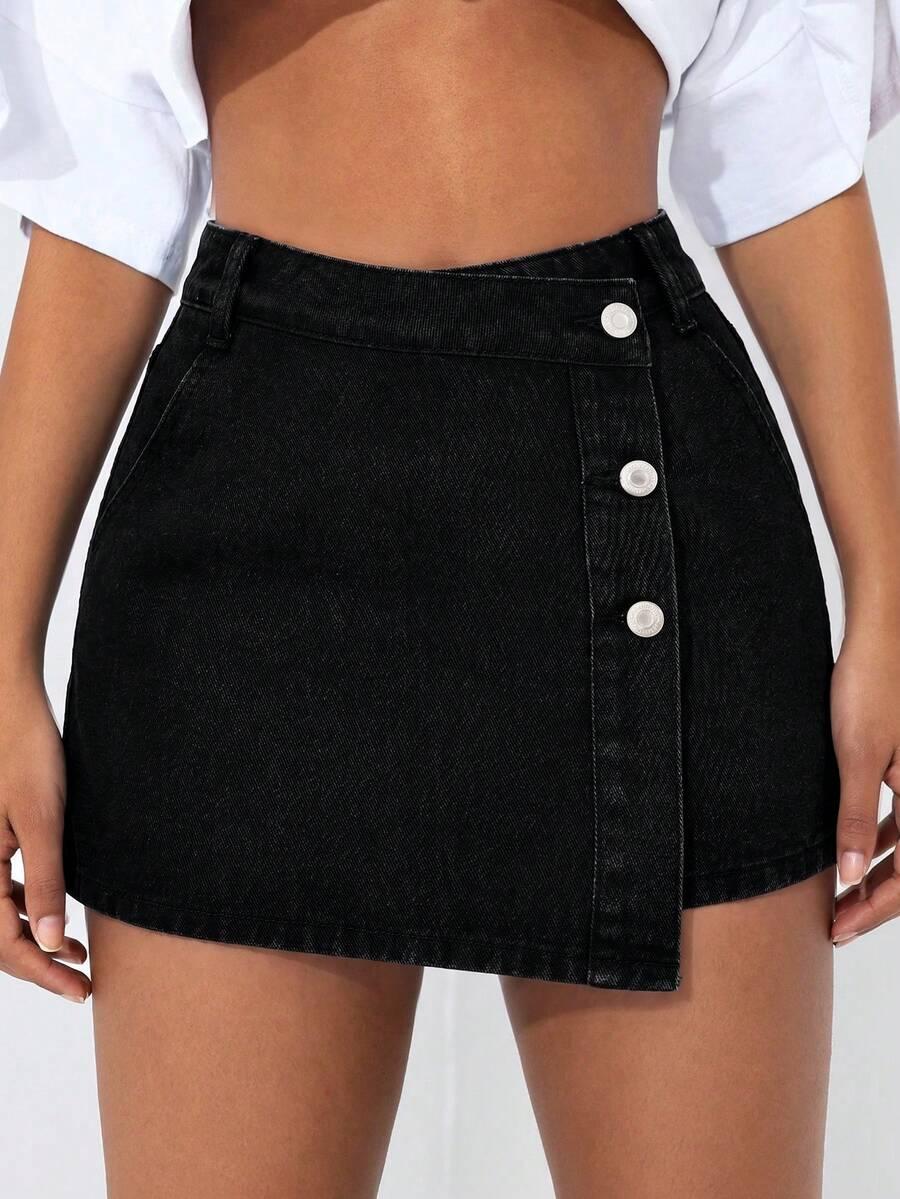 black denim asymmetric hem button detail skort