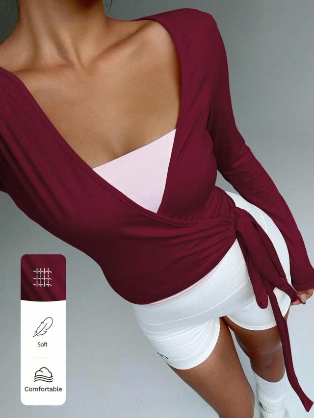 soft wrap v-neck long sleeve cropped fitness top