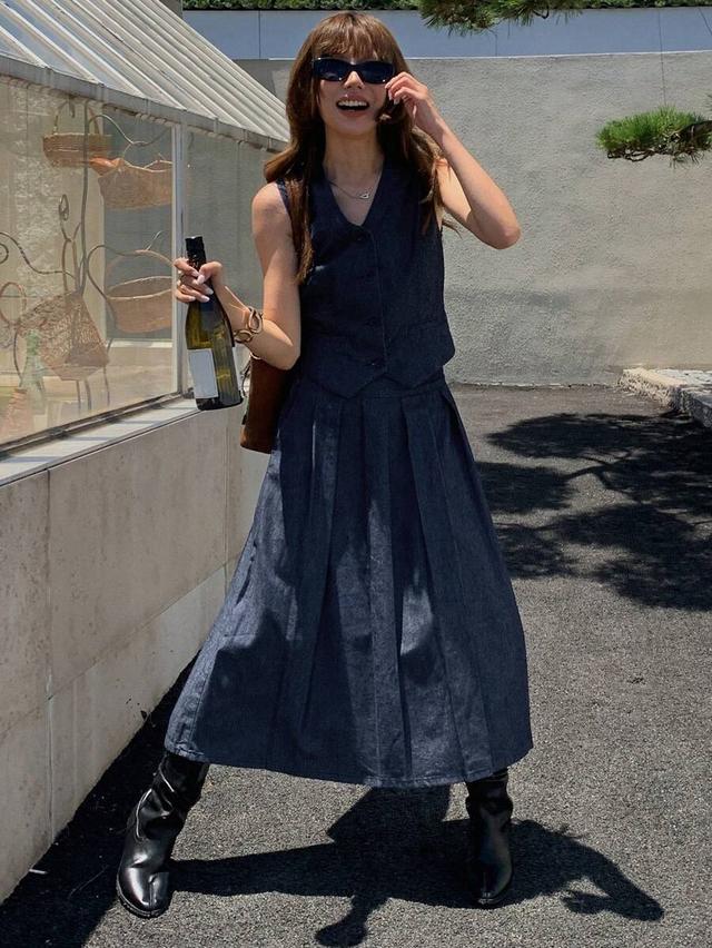 dark wash denim vest and pleated midi skirt set