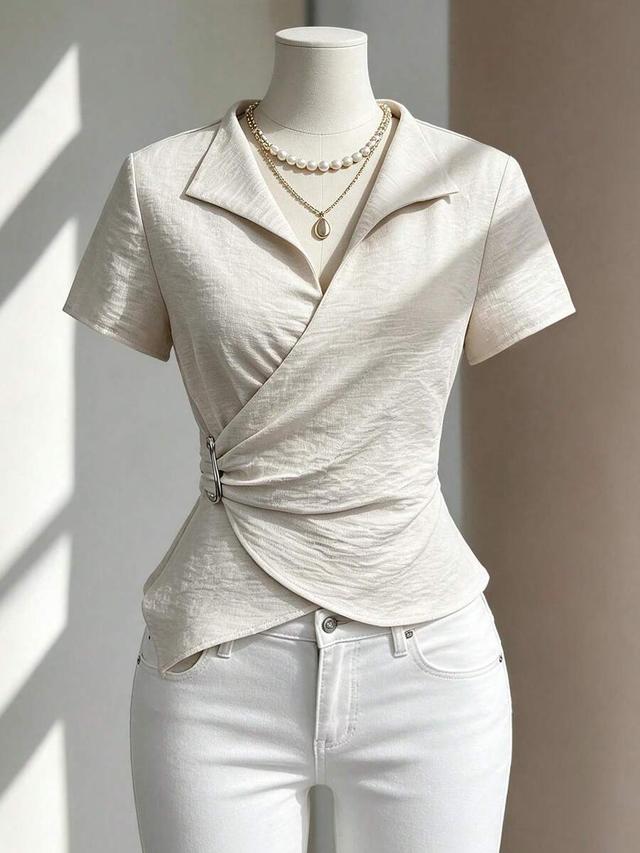 elegant beige turndown collar wrap shirt with metal buckle