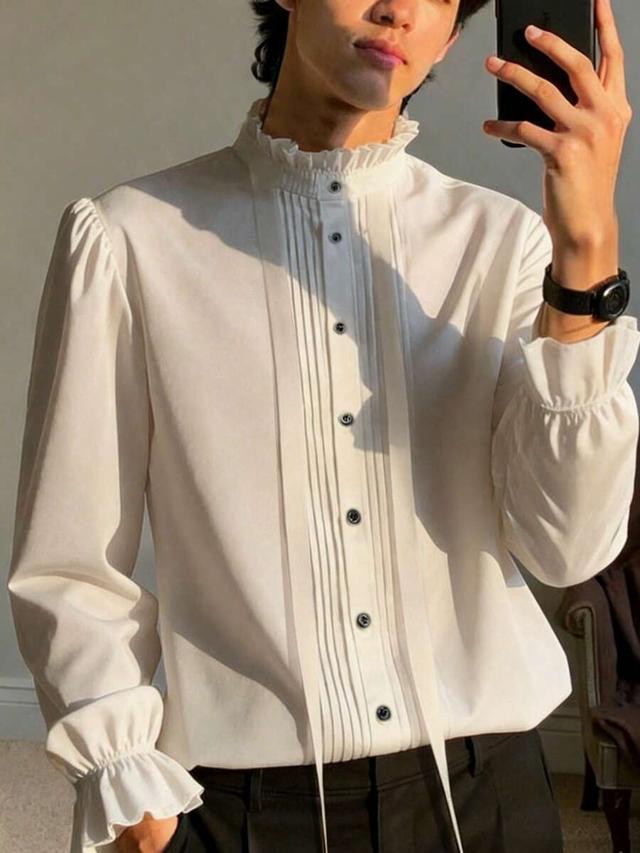 cream vintage style pleated front ruffle collar shirt