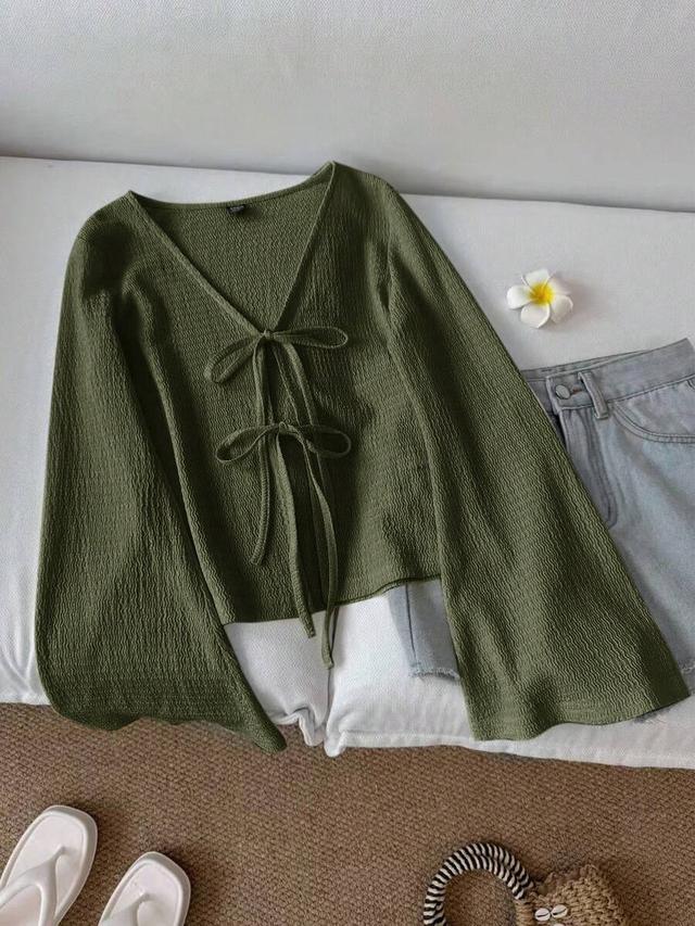 olive green textured tie front flare sleeve top