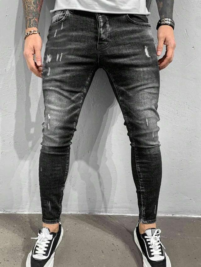 men's vintage street-wear slim fit ripped stretch denim jeans