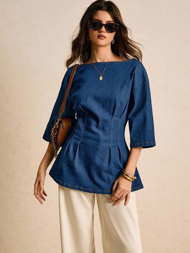 poéselle women's casual elegant french versatile pleated denim top