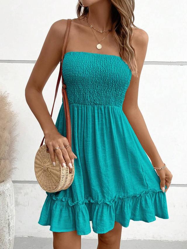 teal solid smocked tube dress with ruffle hem