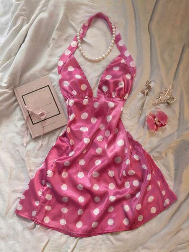 pink and white polka dot halter mini dress