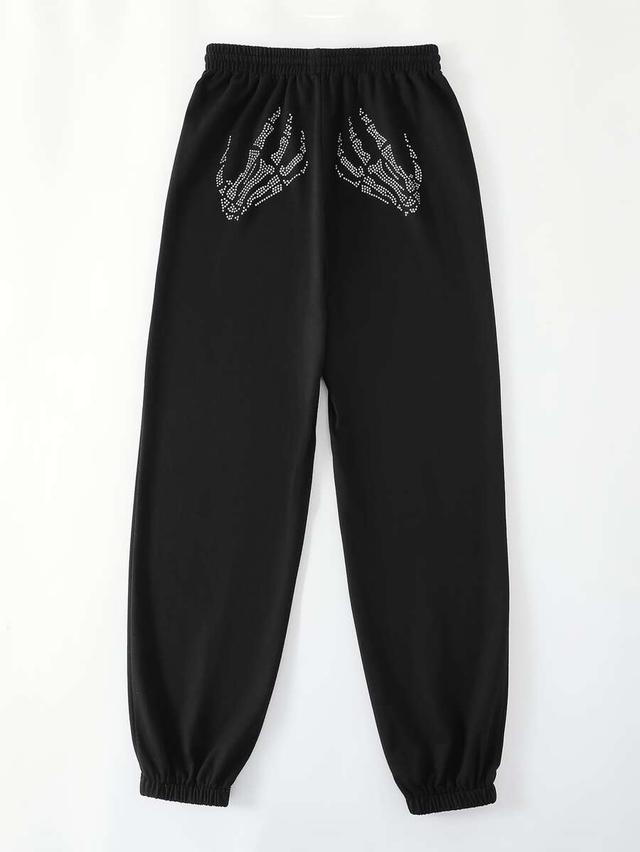 black rhinestone skeleton pattern sweatpants