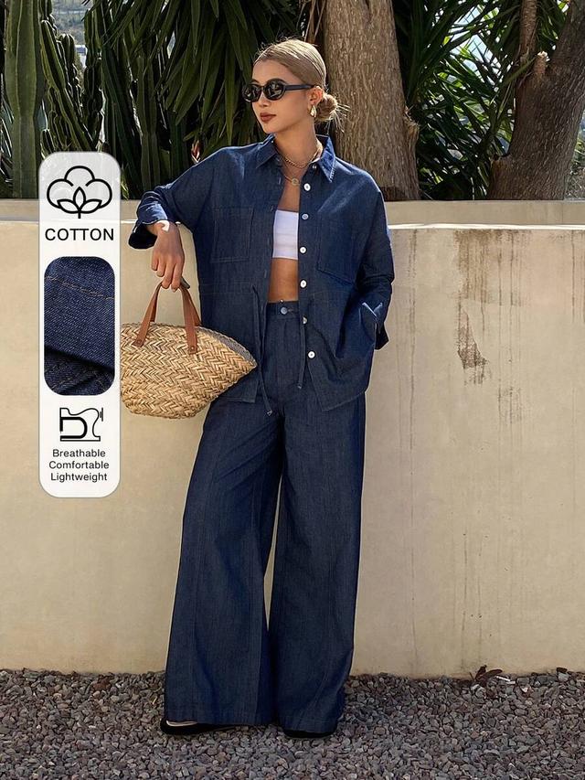 dazy women's collared waist drawstring denim shirt and jeans