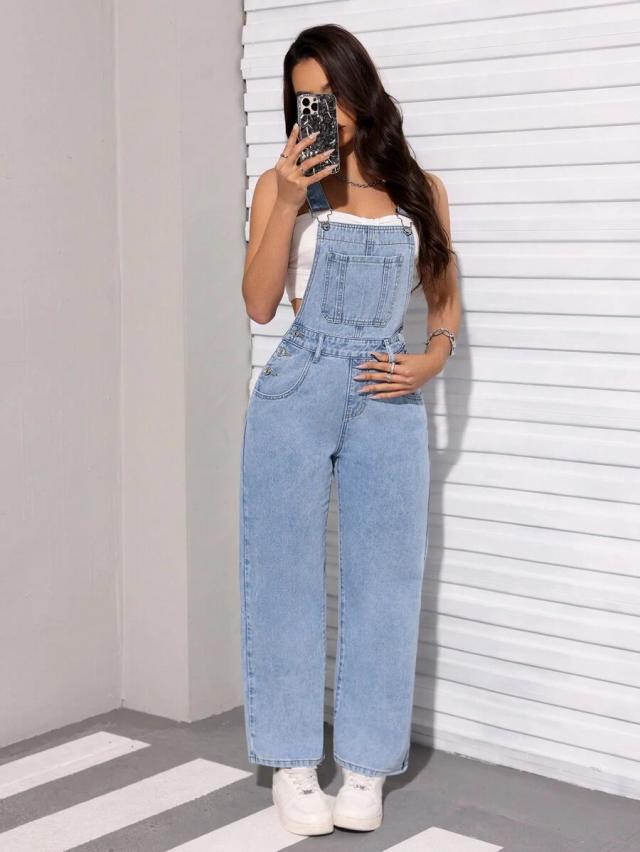 light wash denim dungarees with side button detail