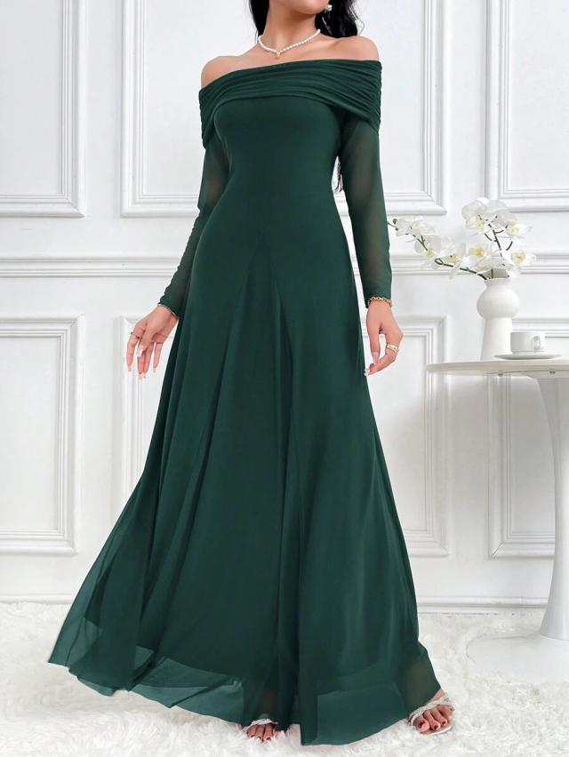 solid dark green off-shoulder mesh splice evening dress