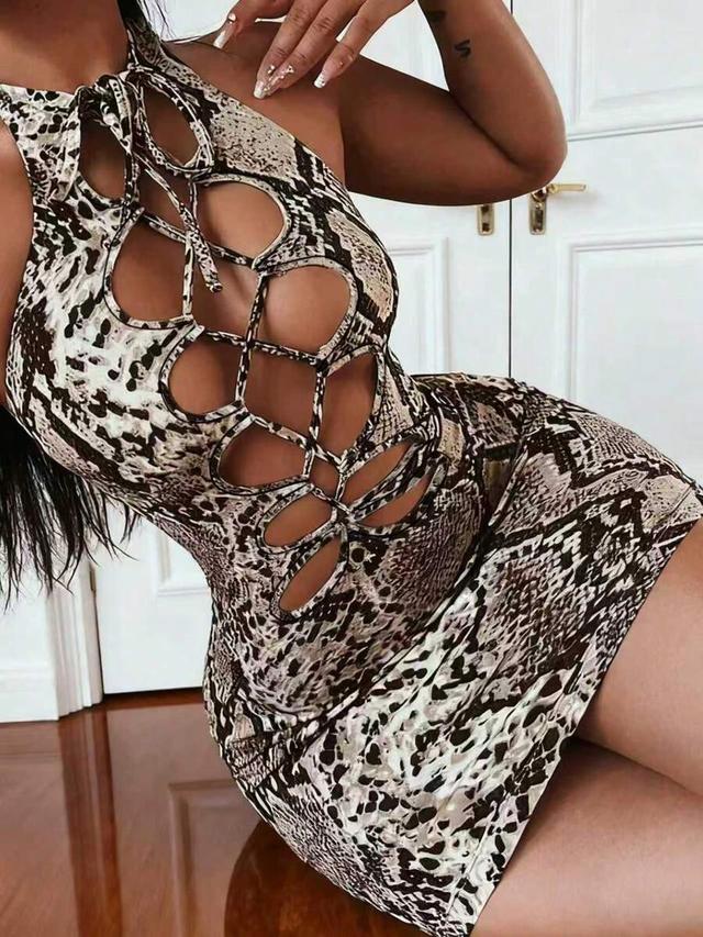 snakeskin print lace-up cutout mini dress