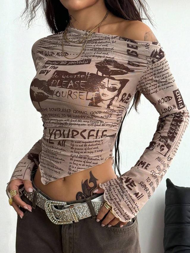 vintage newspaper print off shoulder asymmetrical long sleeve top