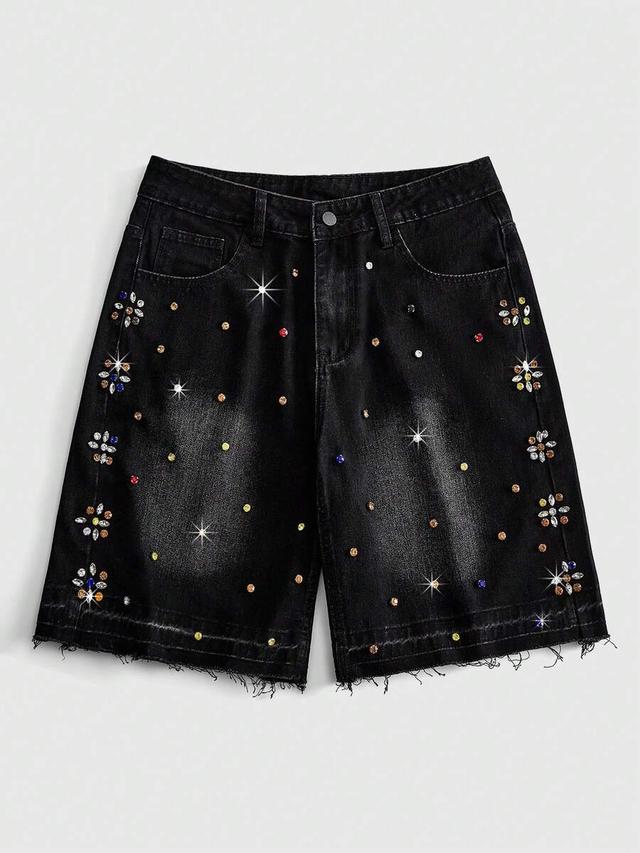 rhinestone decorated black denim shorts