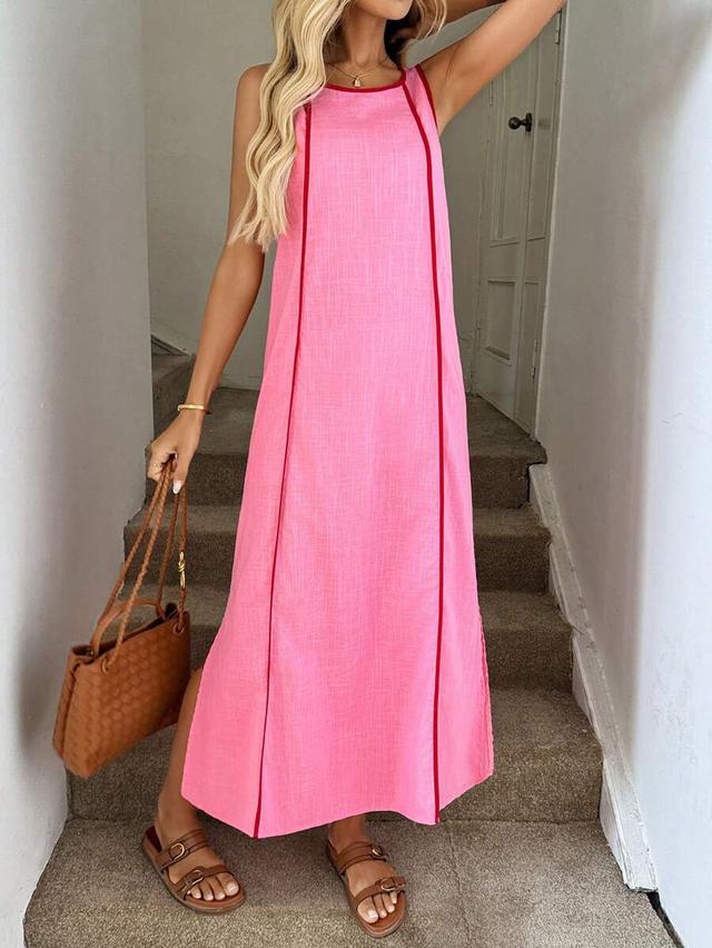 pink sleeveless round neck dress with contrast trim