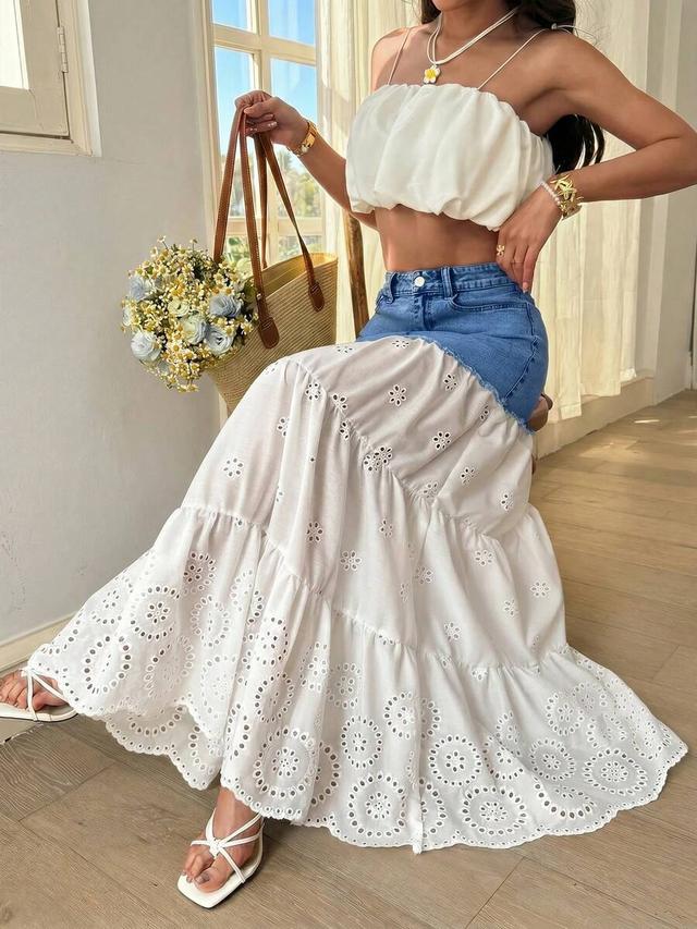 breezaya casual denim skirt with hollow embroidery ruffle hem