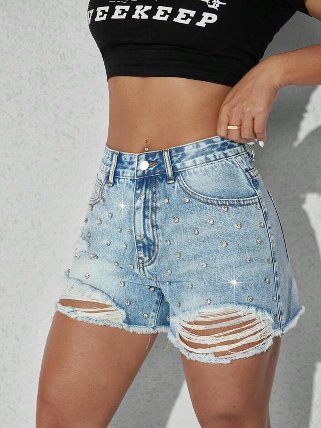 low-waist loose casual blue denim shorts with heavy embroidery