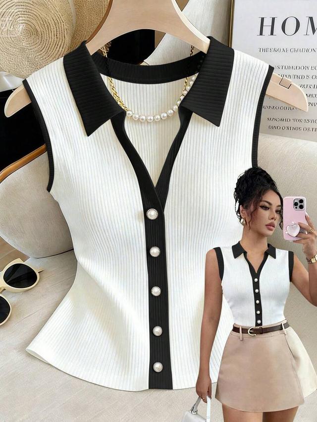 ribbed sleeveless lapel tank top with contrast trim