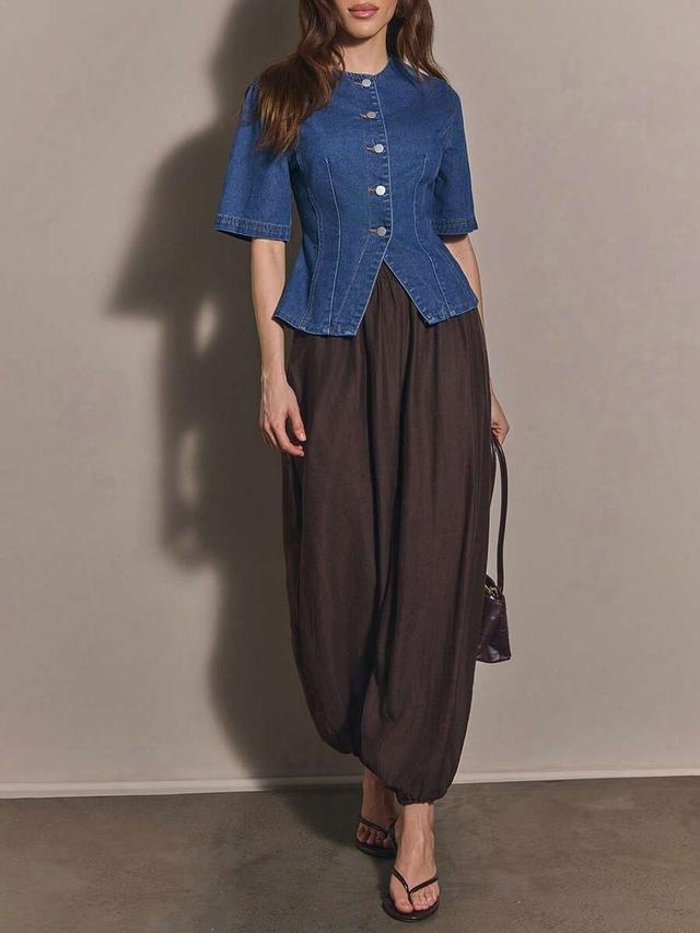 aqua blue denim short-sleeved single-breasted shirt