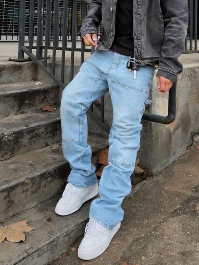 men's washed light blue patchwork slim fit jeans