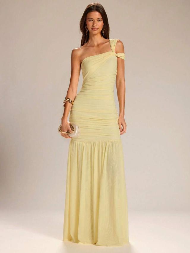 pale yellow asymmetrical shoulder ruched a-line dress