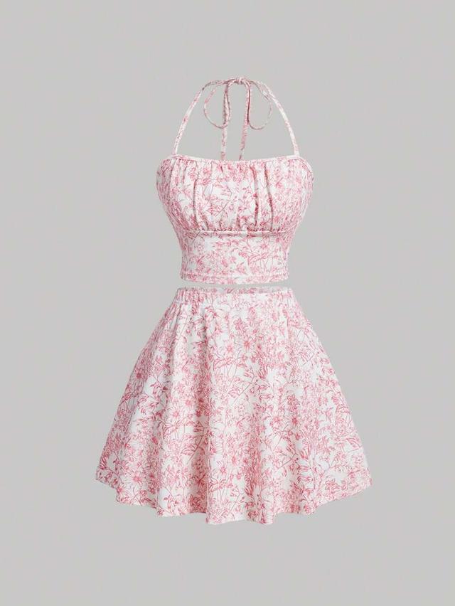 pink floral printed halter neck casual vacation set