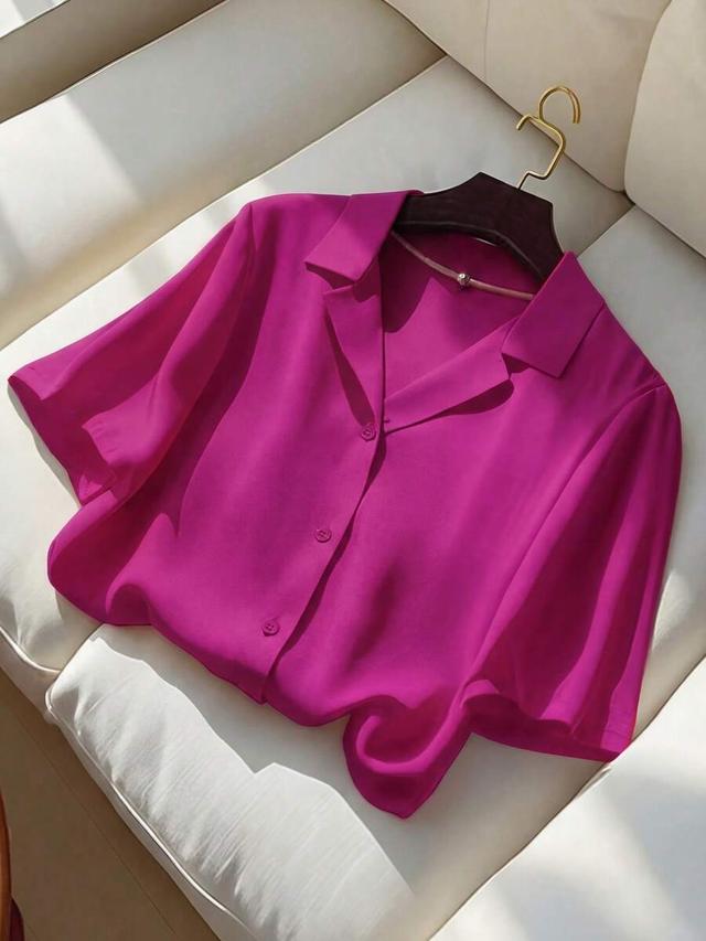 magenta short sleeve collared silk blouse