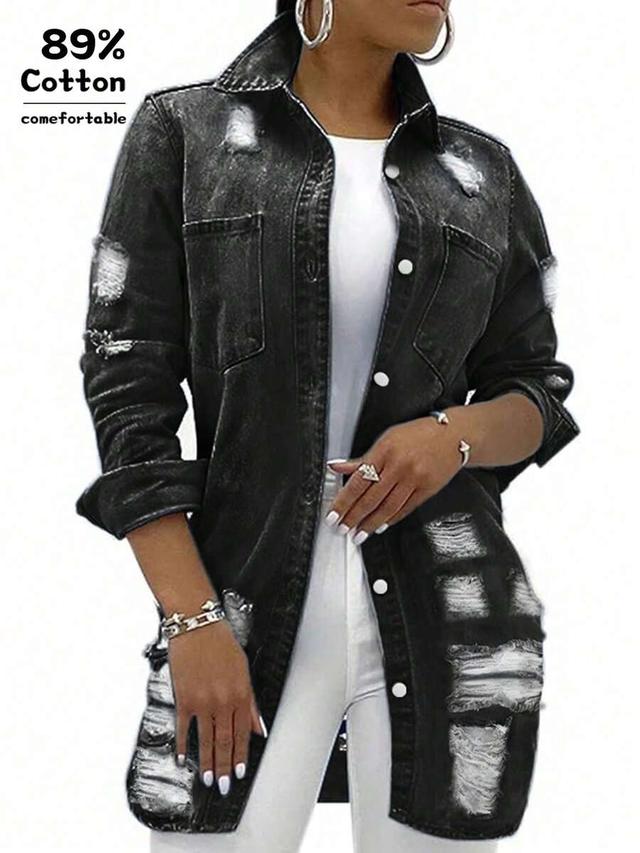 women casual mid-length destroyed distressed washed denim jacket