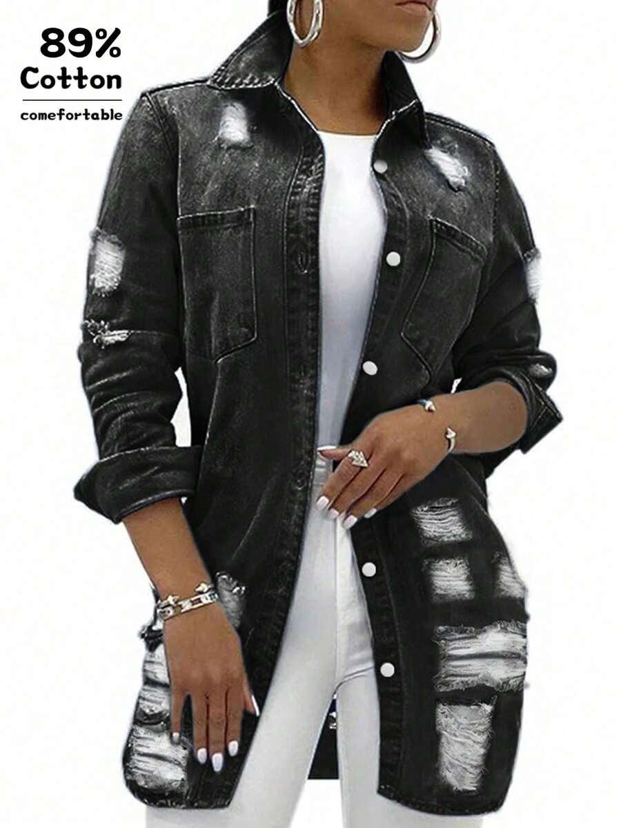 women casual mid-length destroyed distressed washed denim jacket