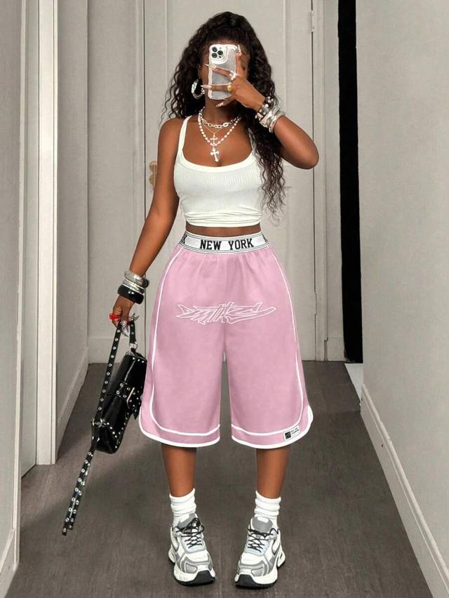 pink letter print waistband wide leg casual shorts