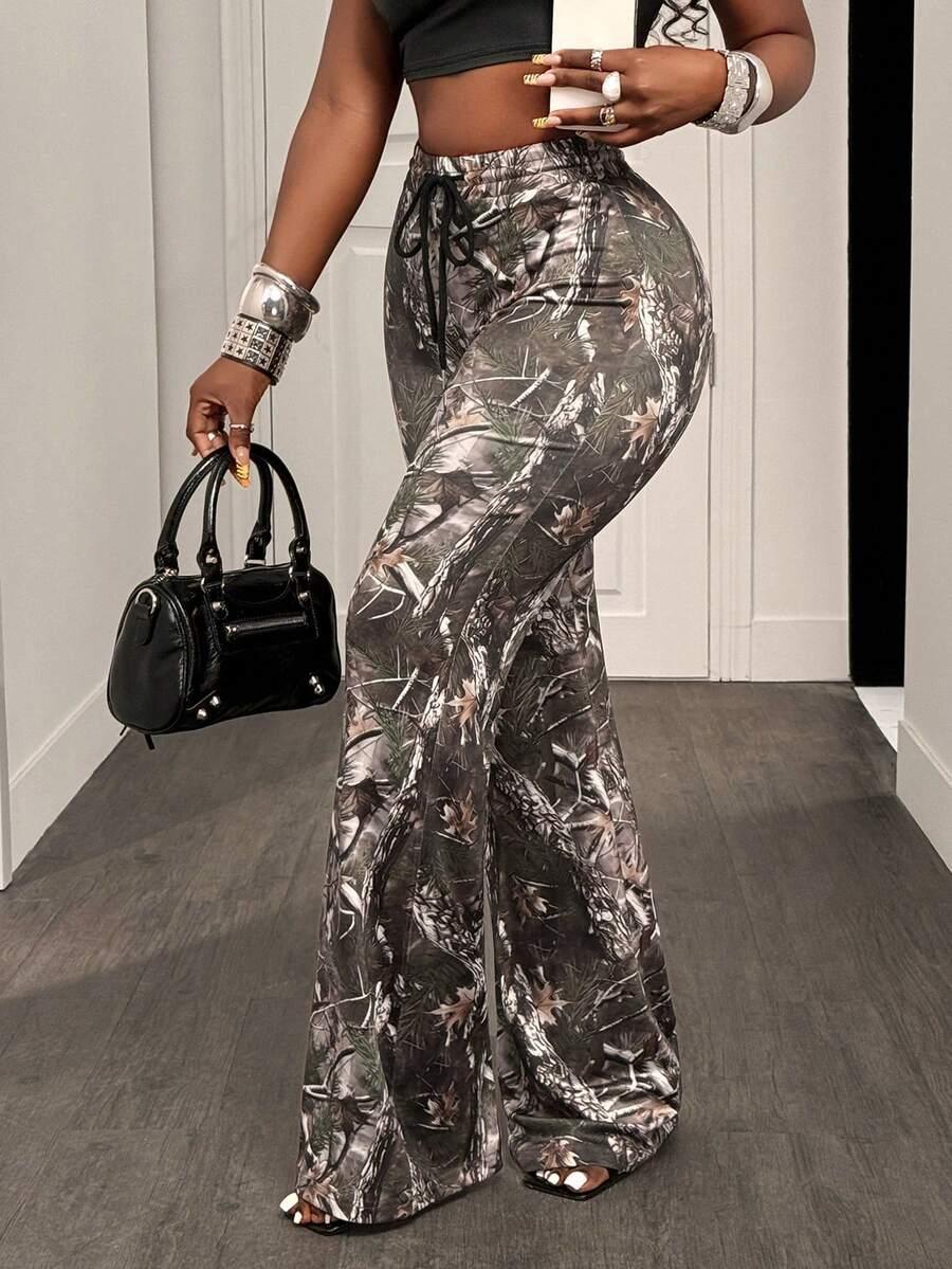 women's camouflage print high-waisted bell bottom pants