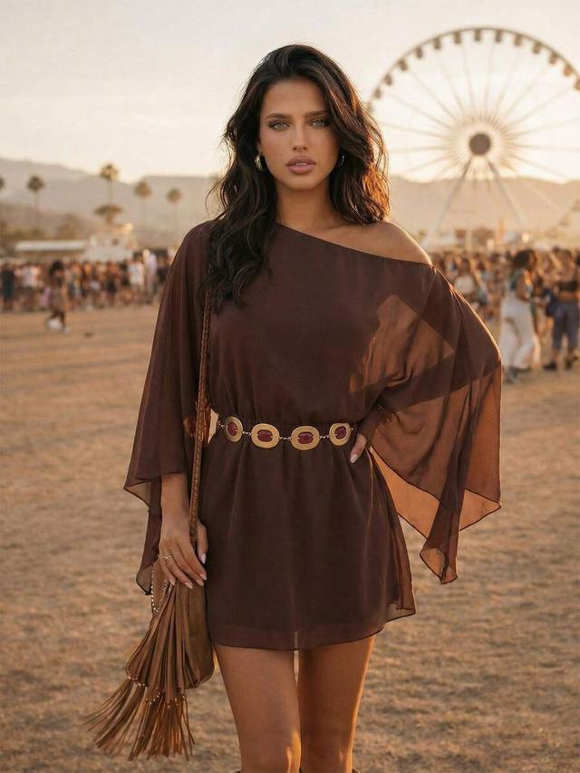 brown sheer chiffon off-shoulder mini dress