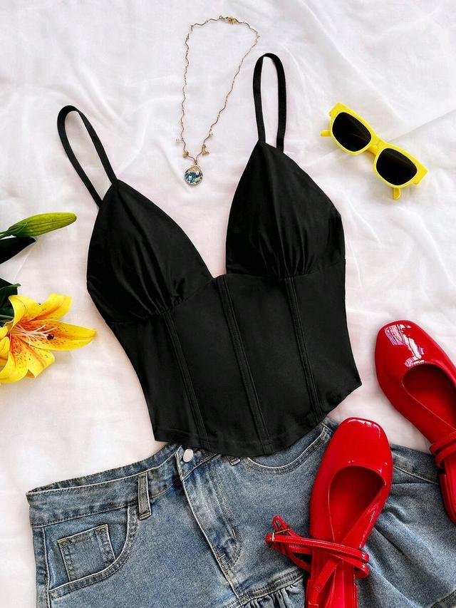 black v-neck sleeveless knit corset camisole