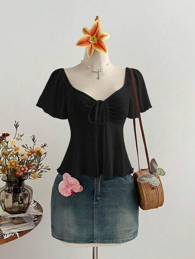 french style black knit jacquard drawstring v-neck top