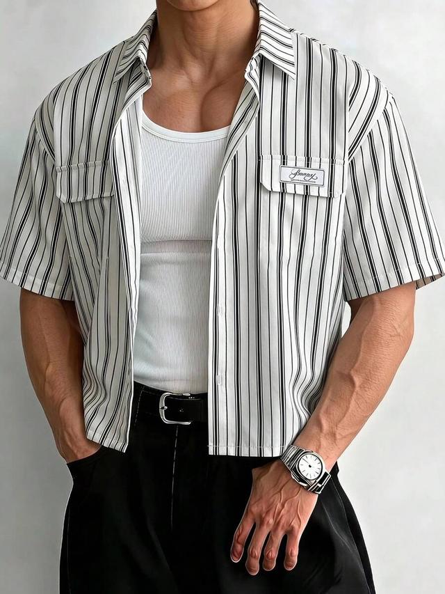 men's striped short sleeve casual button-up shirt