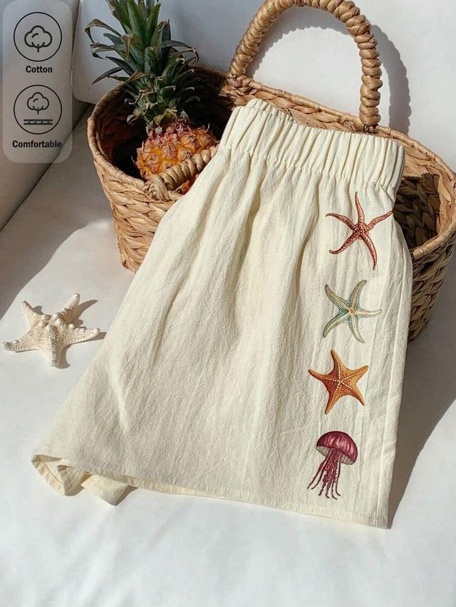 beige cotton starfish pattern elastic waist shorts