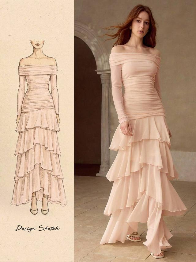 foldover off shoulder ruched layered ruffle hem dress