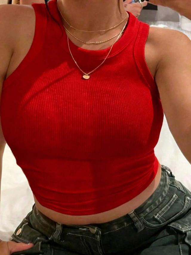 red ribbed knit cropped tank top