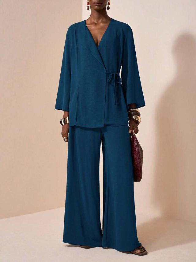 elegant teal blue linen kimono style two piece set