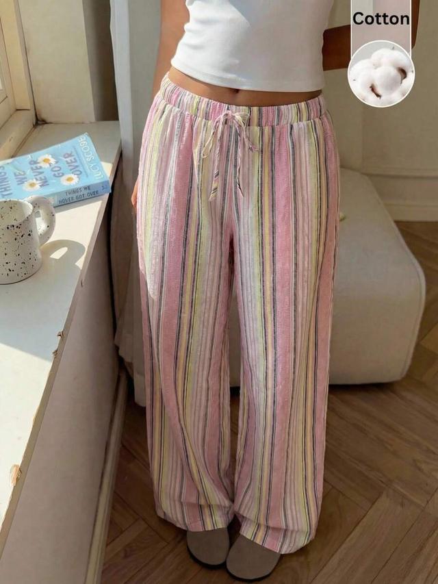 women's casual pink striped cotton wide-leg lounge trousers
