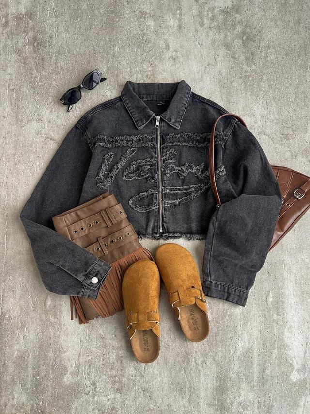 distressed black denim zip-up cropped jacket